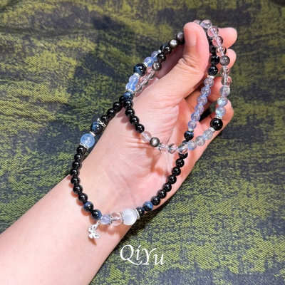 女生天然黑曜石海蓝宝多圈手链
