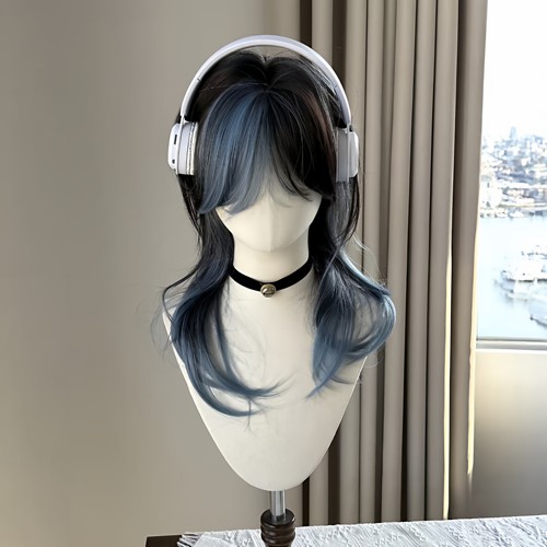假发Lolita中分刘海蓝黑渐变狼尾