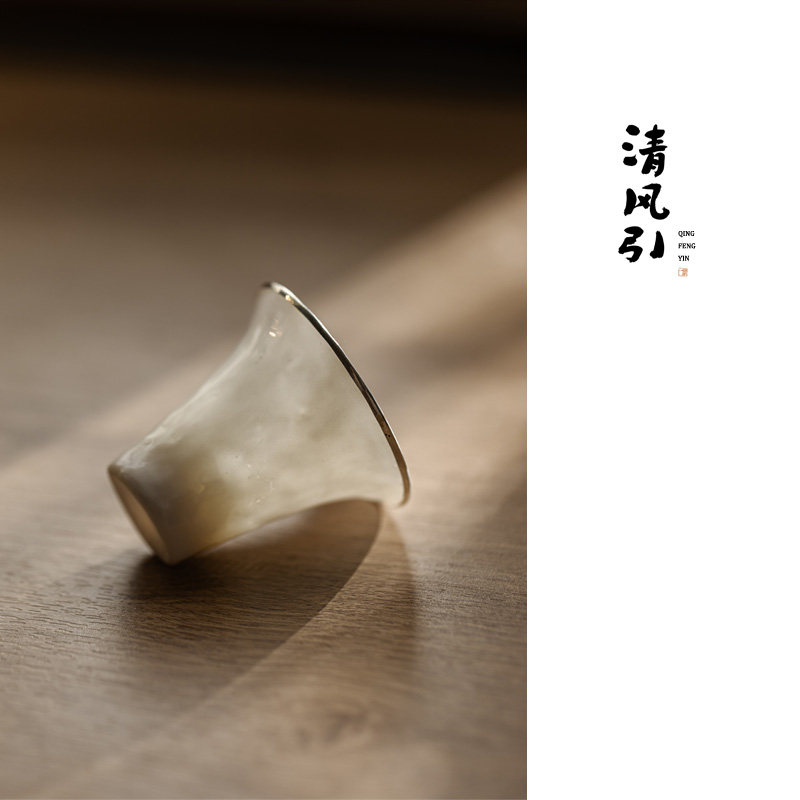 清风引手工仿古日式薄胎白瓷银口茶杯复古品茗杯陶瓷闻香广寒杯