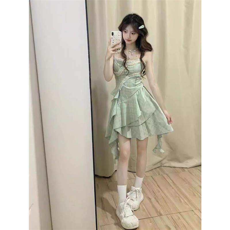 2025春季新款少女风甜美绿色连衣裙