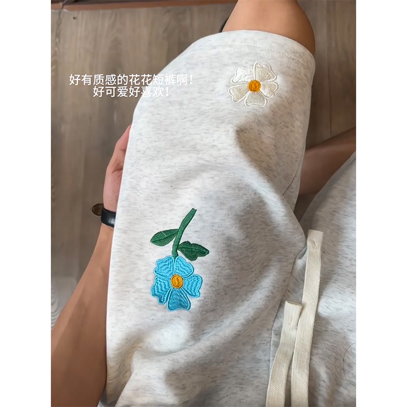 白灰色花卉刺绣短裤男夏季潮牌慵懒风休闲裤子美式运动宽松五分裤