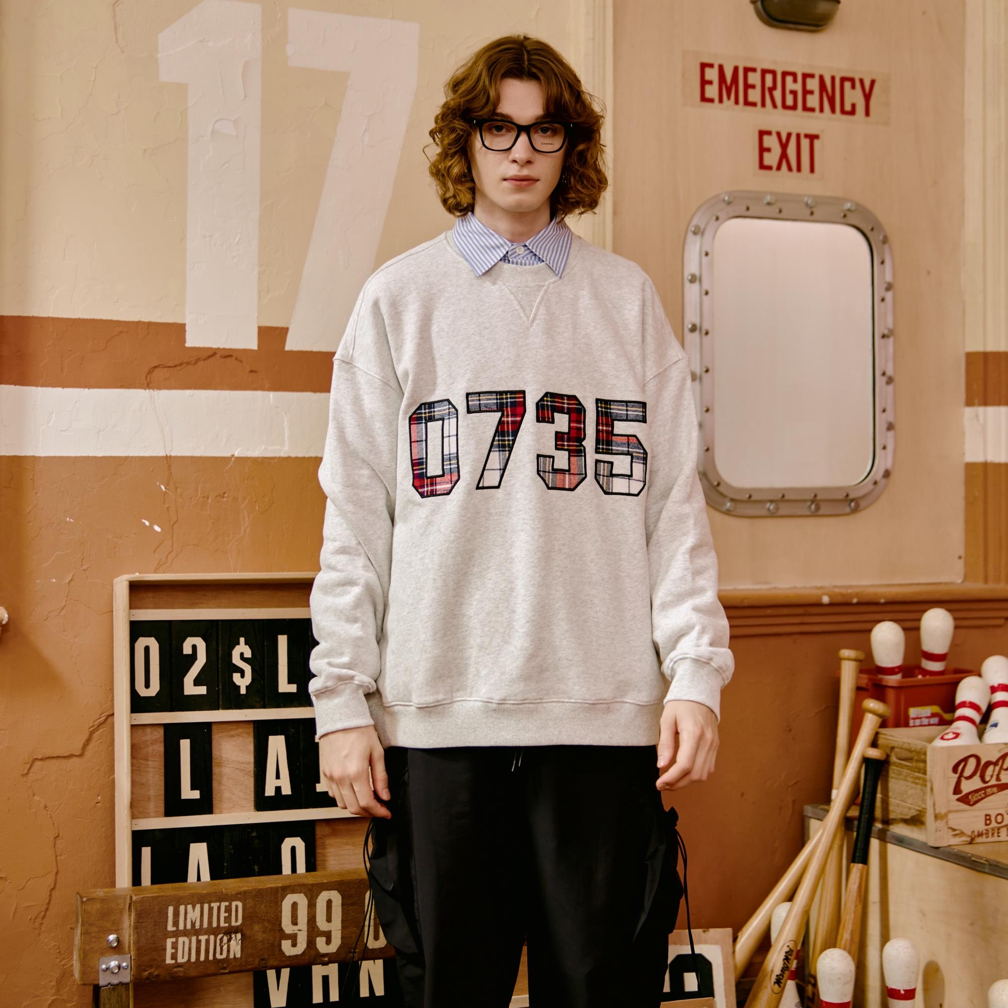 PFR AND0735格子贴布刺绣圆领套头卫衣 纯棉情侣宽松潮牌上衣男女