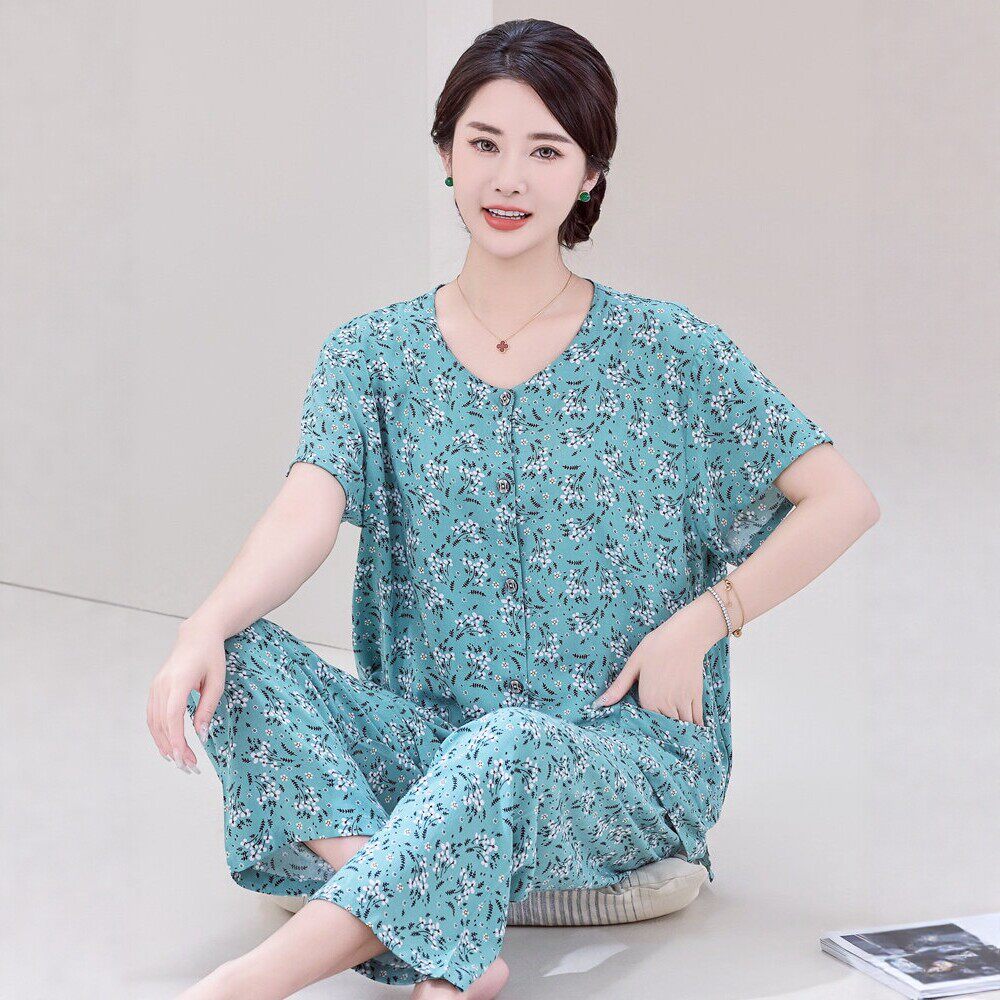 妈妈棉绸睡衣女款短袖绵绸家居服女中老年人造棉套装夏季大码开衫