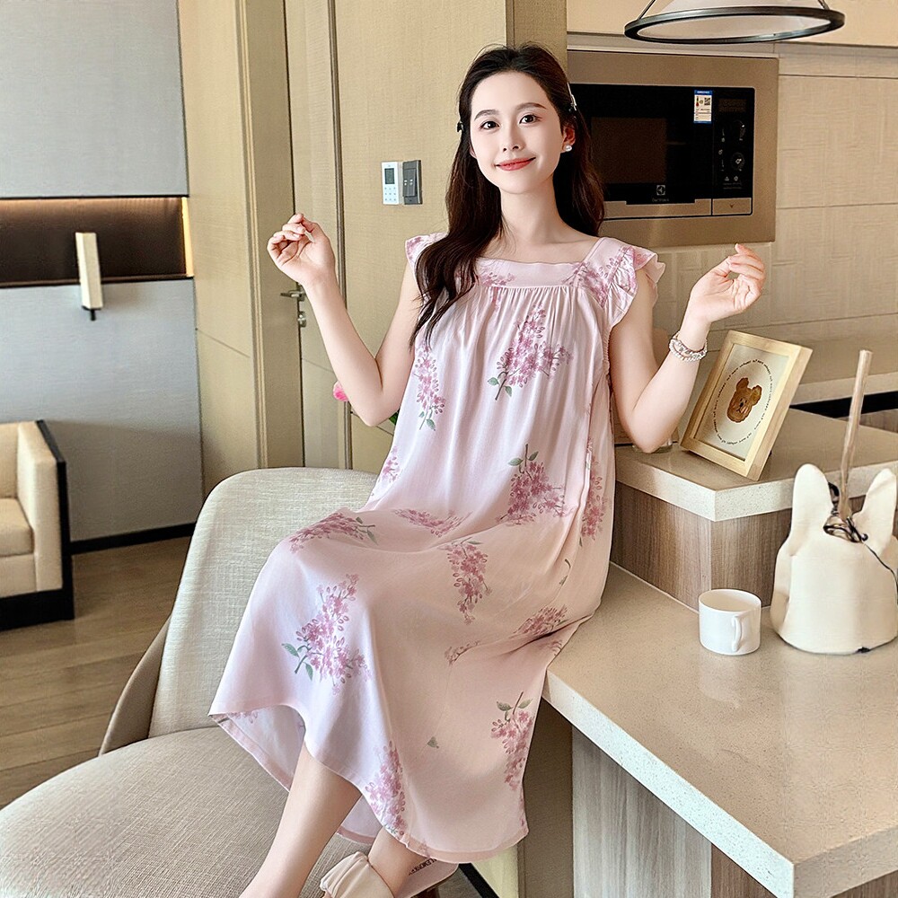 无袖睡衣女夏季薄款棉绸睡裙宽松中老年家居吊带中长裙绵绸可外穿
