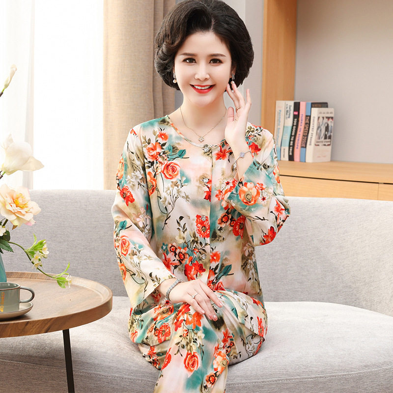 中年妈妈棉绸睡衣女大码开衫中老年人造棉长袖家居服老人绵绸套装