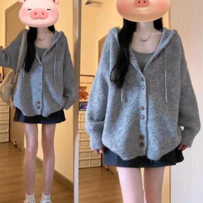 灰色连帽毛衣开衫外套女秋季韩系穿搭宽松软糯慵懒风针织衫上衣冬