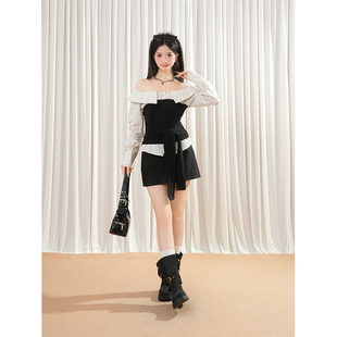 【伯德小姐】早秋拼接设计感百搭条纹上衣黑色半裙修身显瘦两件套