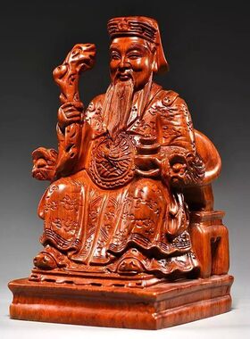 花梨实木雕刻土地公土地婆佛像摆