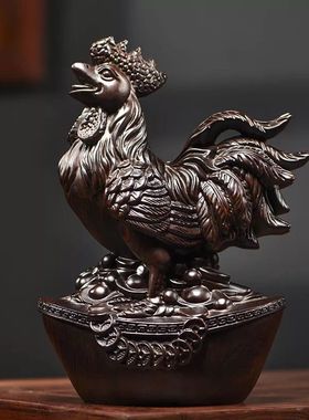 黑檀实木雕十二生肖摆件鸡摆件客