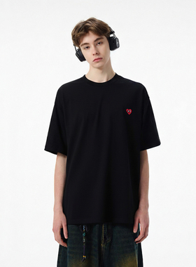 INVA重磅国潮美式刺绣爱心笑脸短袖T恤男宽松休闲纯棉上衣情侣ins