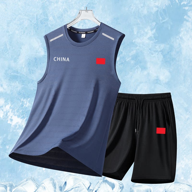 国家队运动服男套装速干衣夏季跑步健身训练服背心短裤冰丝透气男