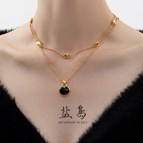 盐岛小胖心黑玛瑙项链小众锁骨链