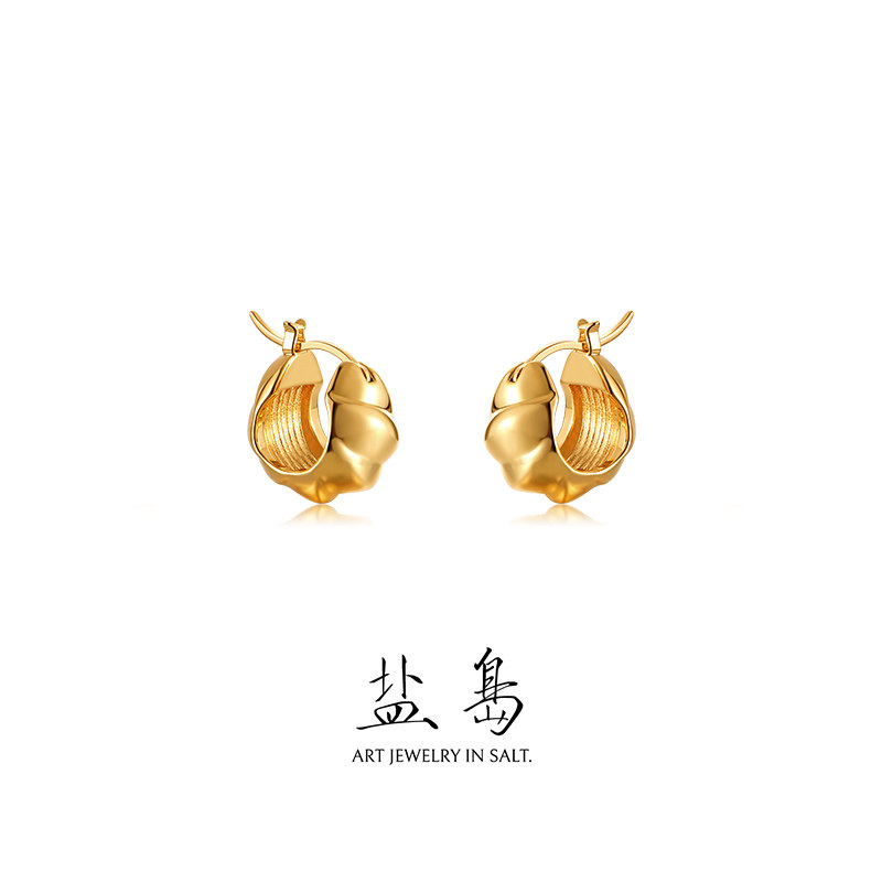盐岛至简麻花金色耳圈耳环轻奢高级感气质复古小众素圈圈圈耳饰女