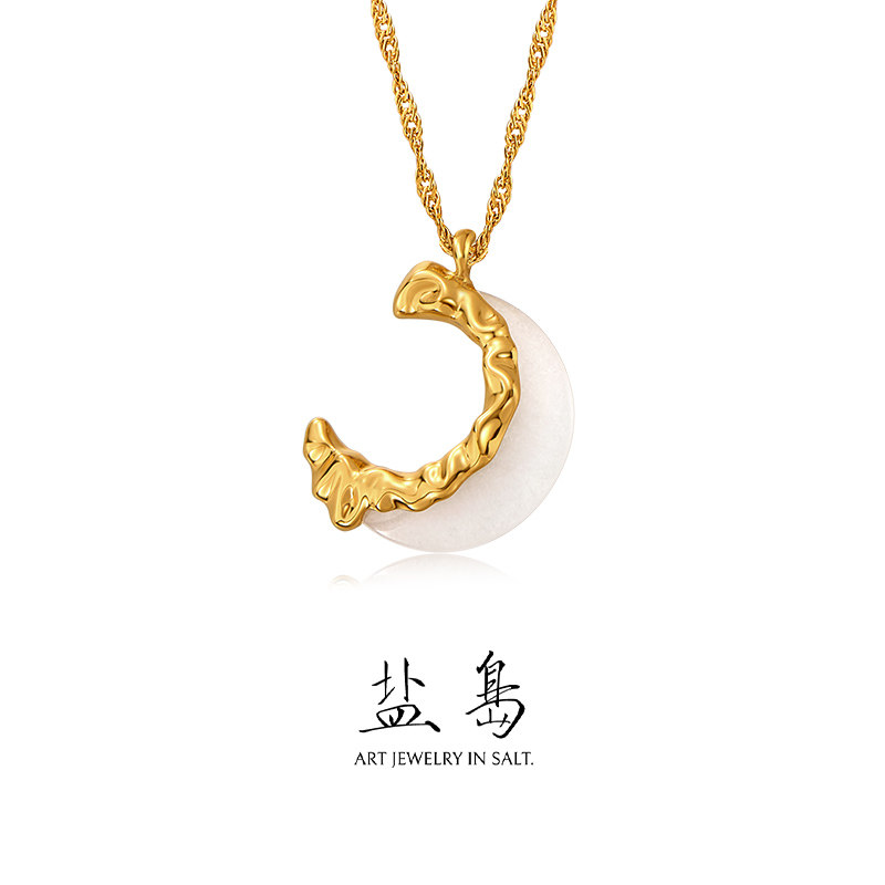 盐岛张月同款熔蜡玉石弯月白玉项链高级感轻奢小众毛衣链配饰女金