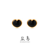 盐岛笛卡尔小胖心黑玛瑙耳钉小众设计风黑色爱心耳环高级简约耳饰