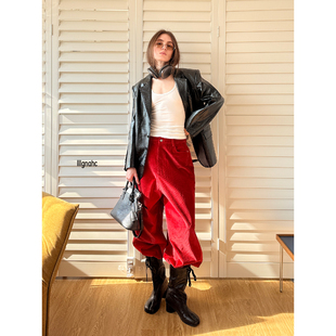 阔腿裤 休闲裤 正红色廓形剪裁慵懒风宽松灯芯绒舒适长裤 lllgnahc