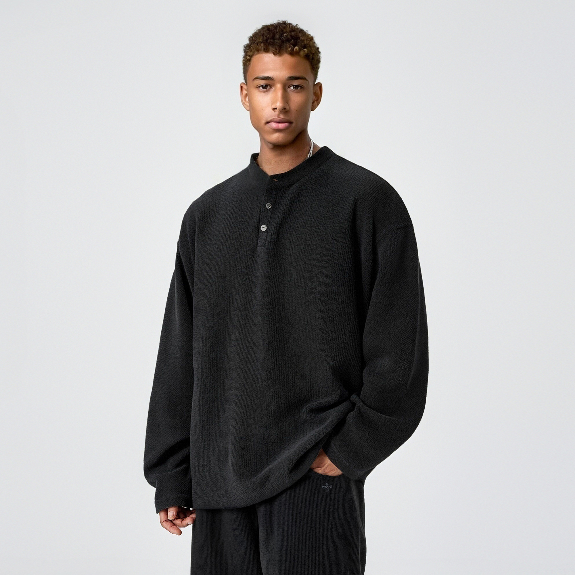 bdpowerup亨利领长袖t恤男秋季简约休闲纯色肌理感宽松打底衫男