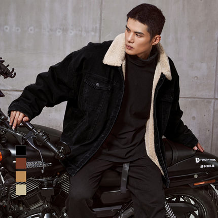 bdpowerup冬季加厚翻领羊羔绒外套男宽松加绒保暖棉服夹克外套男