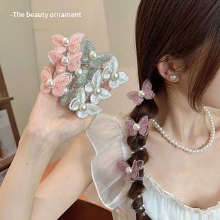 甜美少女刺绣珍珠蝴蝶电话线发圈夏季 马尾编发皮筋头绳泡泡辫发绳