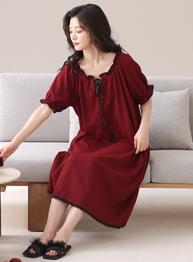 红色公主风睡裙女夏季短袖纯棉薄款2026年本命年家居服春马年甜美