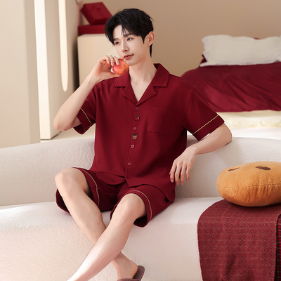 新款设计时尚男士睡衣夏季短袖纯棉红色本命年家居服2026马年大码