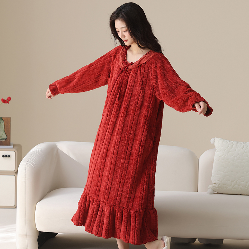 红色珊瑚绒睡裙女本命年加厚加绒马年2026年新款睡衣长裙珊瑚绒