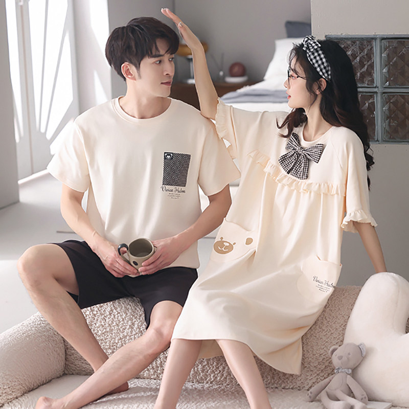 100%纯棉情侣款睡衣夏装夏季夫妻夏款一男一女短袖睡裙套装家居服