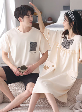 100%纯棉情侣款睡衣夏装夏季夫妻夏款一男一女短袖睡裙套装家居服