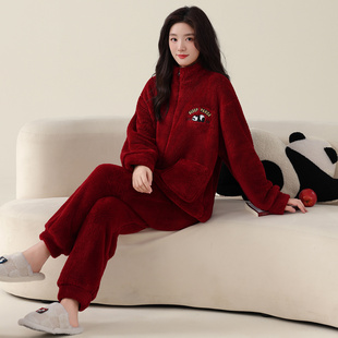 红色珊瑚绒可爱睡衣女本命年马年2026年新款家居服法兰绒加厚加绒