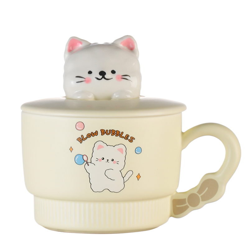 可爱猫咪早餐碗燕麦杯高颜值带手柄陶瓷马克杯大容量带盖带勺牛奶