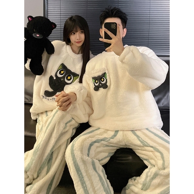 全棉纯棉秋冬季情侣睡衣女款珊瑚绒法兰绒加绒加厚男士冬天保暖家