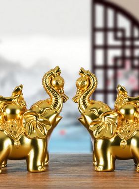 金色实木雕刻上象实木质雕刻对象红木家居玄关装饰工艺品可定制款