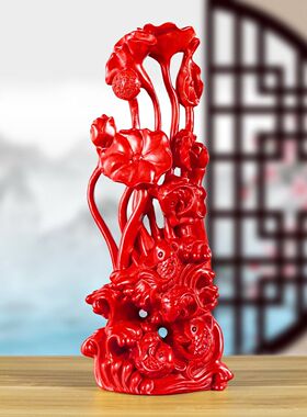 红花梨木雕刻年年有鱼摆件木头雕刻荷花鲤鱼中式客厅送礼工艺定制