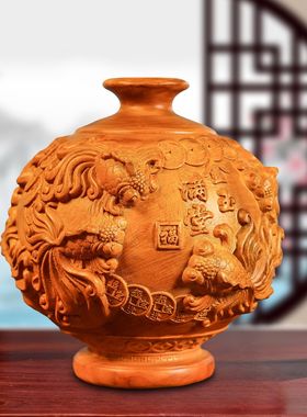 香樟木雕刻金玉满堂花瓶摆件年年有鱼客厅插花装饰家居实木质工艺