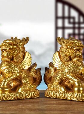 金色实木麒麟摆件木质客厅装饰品实木头雕刻火麒麟工艺品乔迁送礼