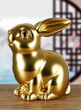 金色实木雕刻兔子风水摆件客厅12生肖兔实木质兔工艺家居红木装饰