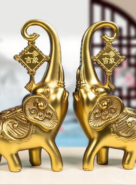 金色实木雕刻实木吉祥象一参吉象摆件吸水象工艺办公家居开业送礼