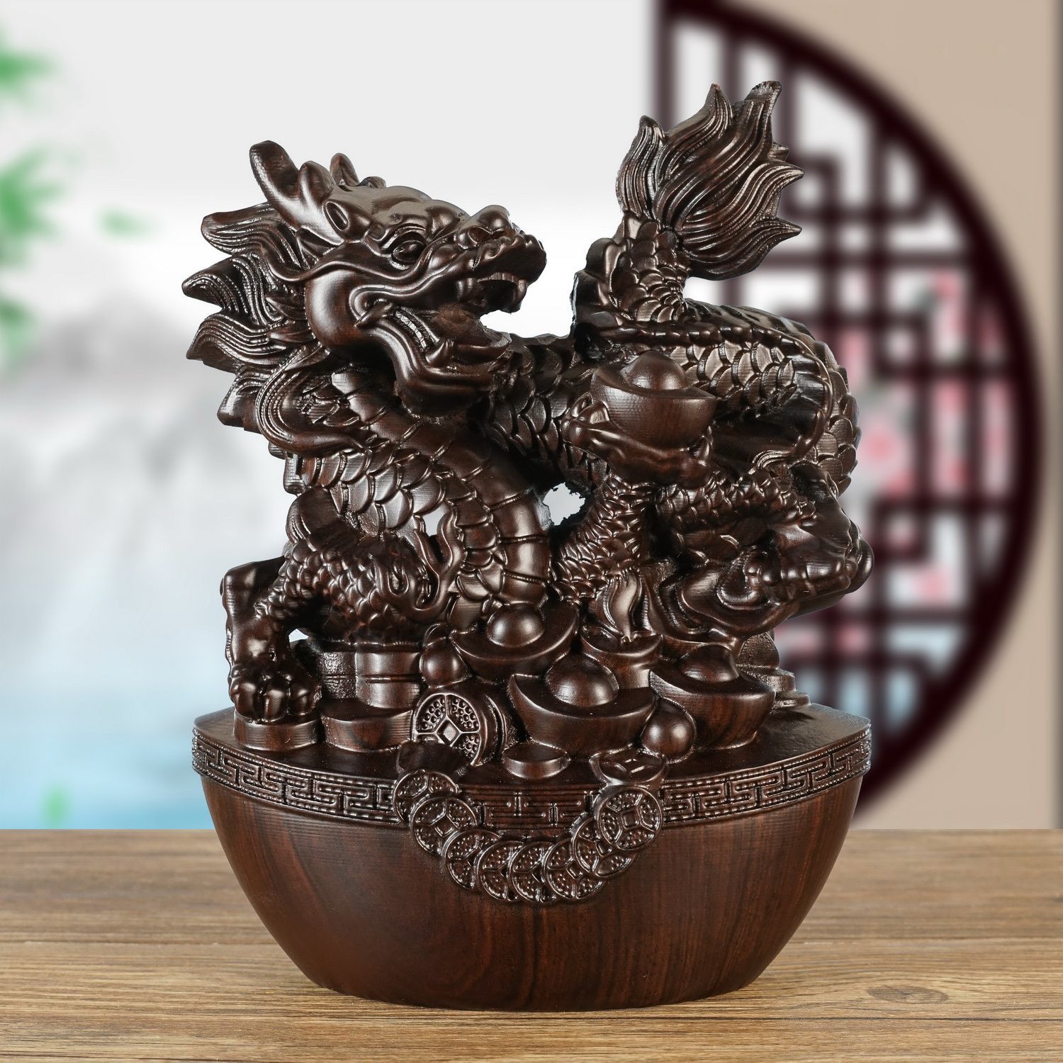 黑檀木辰龙实木雕刻十二生肖摆件元宝龙家居木雕红木工艺品送礼品