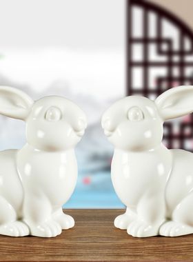 白色实木雕刻兔子风水摆件客厅12生肖兔实木质兔工艺家居红木装饰