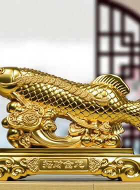 金色实木雕金龙鱼摆件实木年年有余工艺品客厅鱼装饰品定制大号