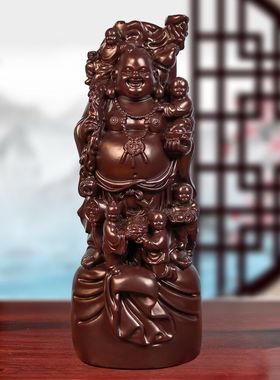 黑檀木雕实木雕刻弥勒佛五子登科摆件八方笑佛像红木家居玄关送礼