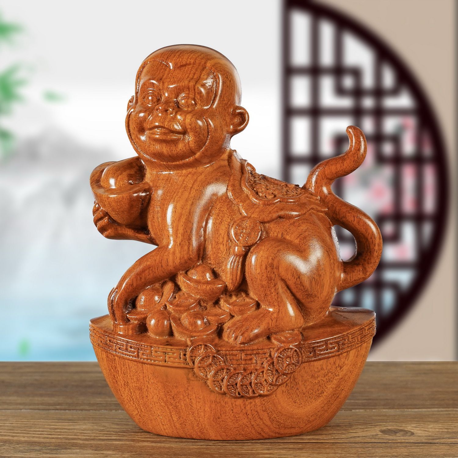花梨木申猴羊实木雕刻十二生肖摆件元宝猴家居木雕红木工艺品礼品
