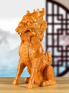香樟木雕麒麟摆件木质客厅装饰品实木头雕刻火麒麟工艺品乔迁送礼