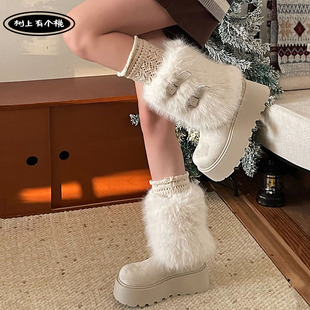 树上有个桃厚底雪地靴女2025冬季新款百搭加绒小个子中筒靴棉鞋子