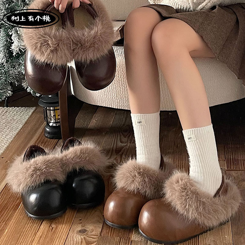 树上有个桃复古勃肯半拖鞋女2025冬季新款百搭加绒棉鞋增高毛毛鞋,女鞋,毛毛鞋,淘宝优惠券,粉丝福利购,淘宝优惠卷
