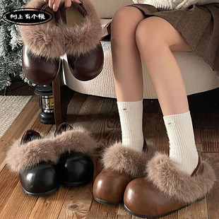 树上有个桃复古勃肯半拖鞋女2025冬季新款百搭加绒棉鞋增高毛毛鞋