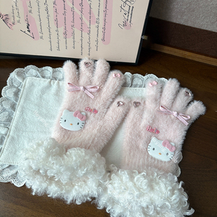 韩版秋冬新款保暖毛绒猫咪手套可爱卡通百搭少女防寒可触屏手套