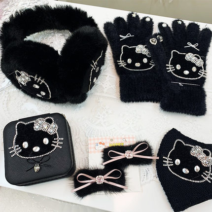新款烫钻黑色猫咪kt甜酷可爱少女首饰盒保暖手套耳罩口罩边夹套装