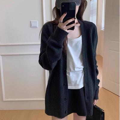 黑色中长款毛衣开衫女秋冬小个子宽松慵懒风针织外套软糯外搭上衣