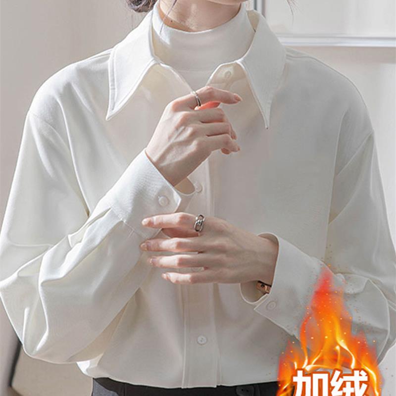加绒加厚磨毛白色长袖衬衫女秋冬学院风叠穿衬衣通勤简约内搭上衣